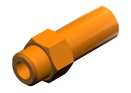 BOSCH Hauptgasdüse mit einem zylindrischen Körper und einer sechseckigen Mutter im mittleren Bereich, gefertigt aus orangefarbenem Material, geeignet für Gasgeräte.